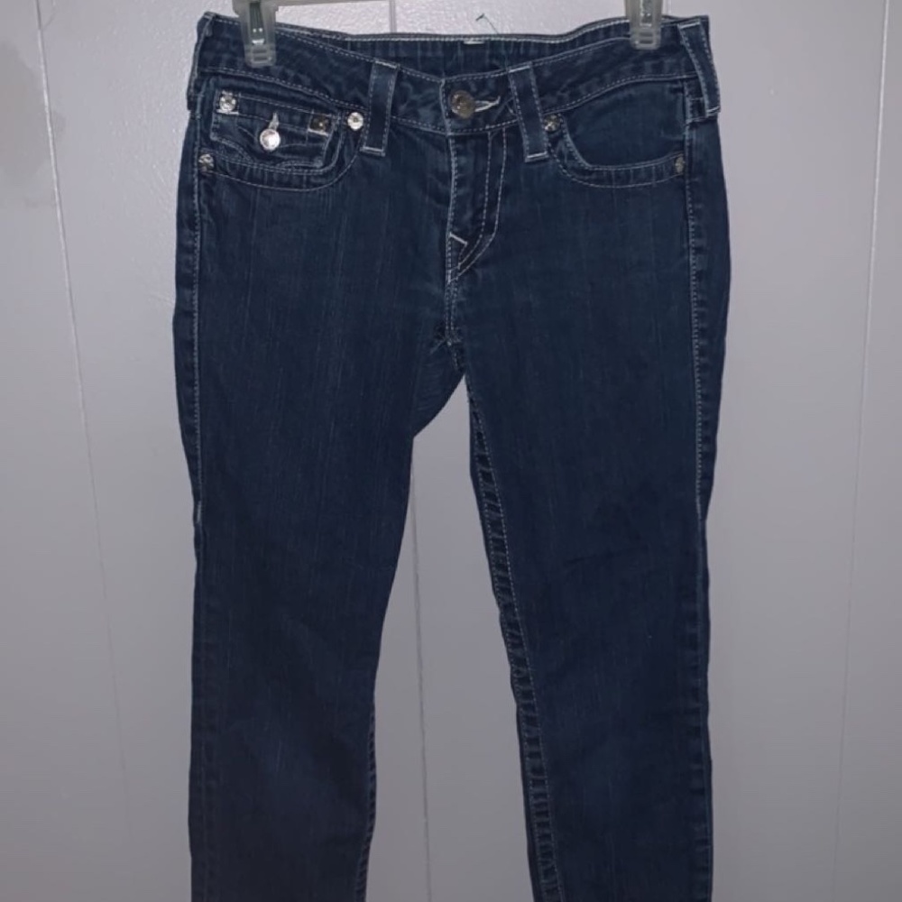 True Religion Jeans Skinny Leg Rhinestone Pocket White Stitching - Picture 2 of 3